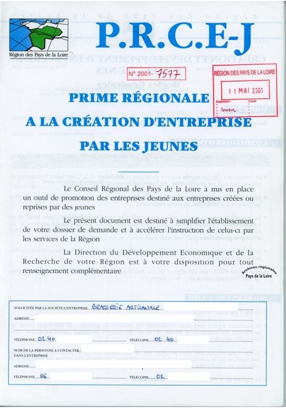 Extrait d'un dossier de demande de prime régionale à la création d’entreprises par les jeunes (2001)