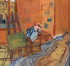 peinture de l'intérieur d'un appartement avec une femme qui semble endormie, nue sur un fauteuil, avec toiles et chevalets, fenêtres qui donnent sur la rue